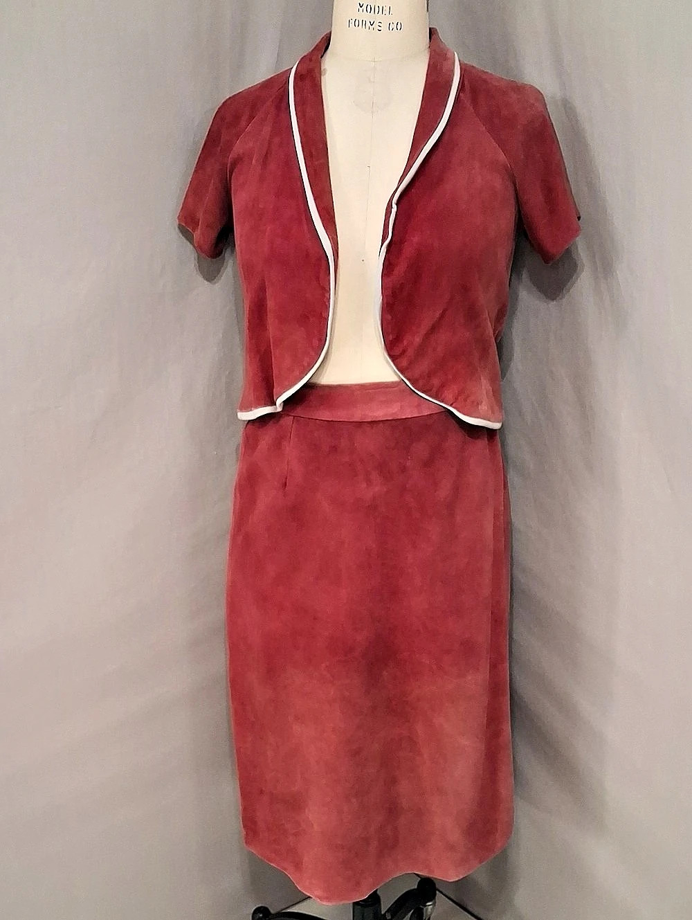 Vintage Rose Pink Suede Midi Wrap Skirt Crop Bolero Jacket Set Soft Leather SeeM